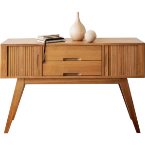 Handcrafted luxury wooden dresser with multi-drawer storage and a large vanity mirror.