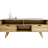 Sleek modern TV cabinet with walnut wood finish, gold accents, and spacious storage drawers.